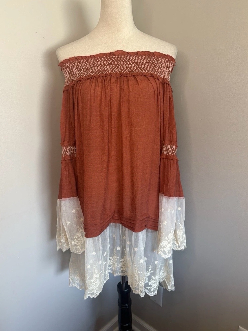 Ryu NWT Boho Off Shoulder White Lace Mini Tunic Dress or Top Burnt Orange Large